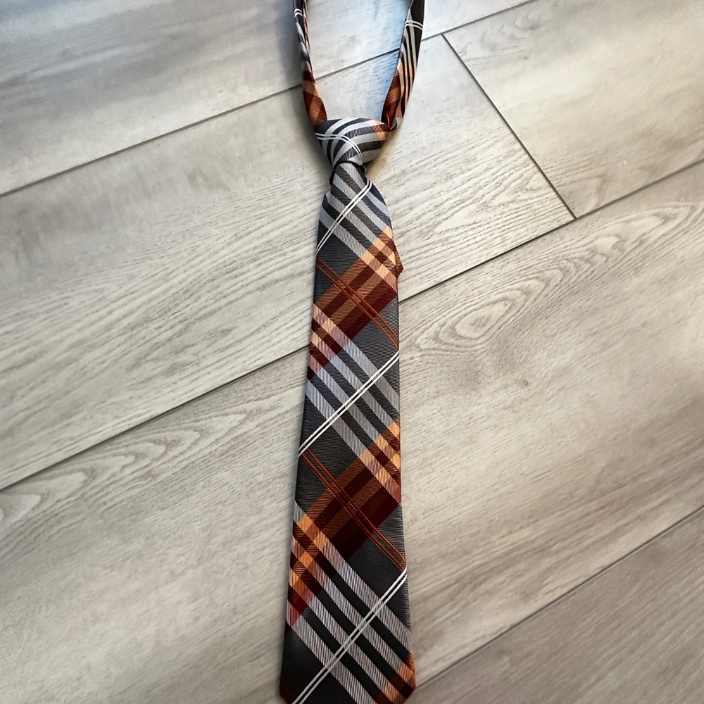 Gray and Orange/Red Plaid Neck Tie